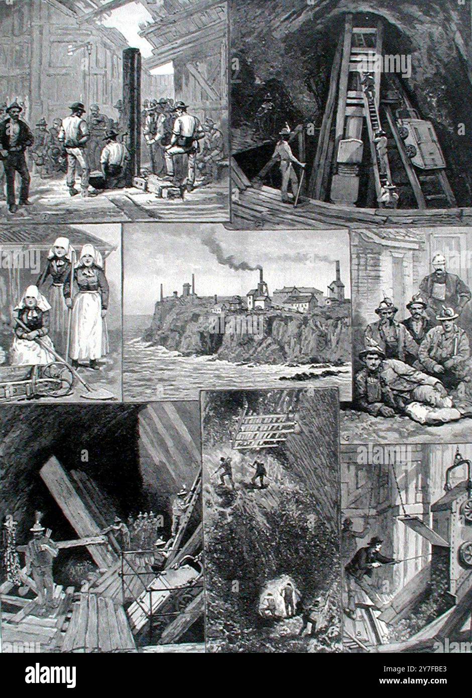 Cornish Tin Mine 1893 Descending by the Man Engine  Pumping Shaft  Girls employed above ground  View of the Lavant Mine near St Just  Some of the miners  One of the Levals  Miners driving a Stope  Emptying the skip Stock Photo