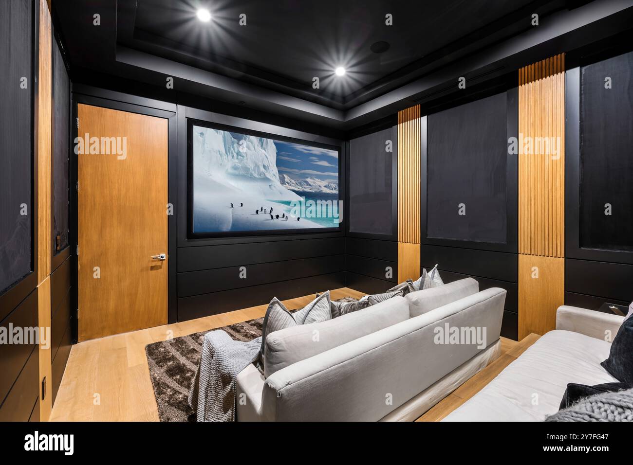 Curated visual reference: Modern Home Theater Room With A Large Screen Showing A Photo Inspiration