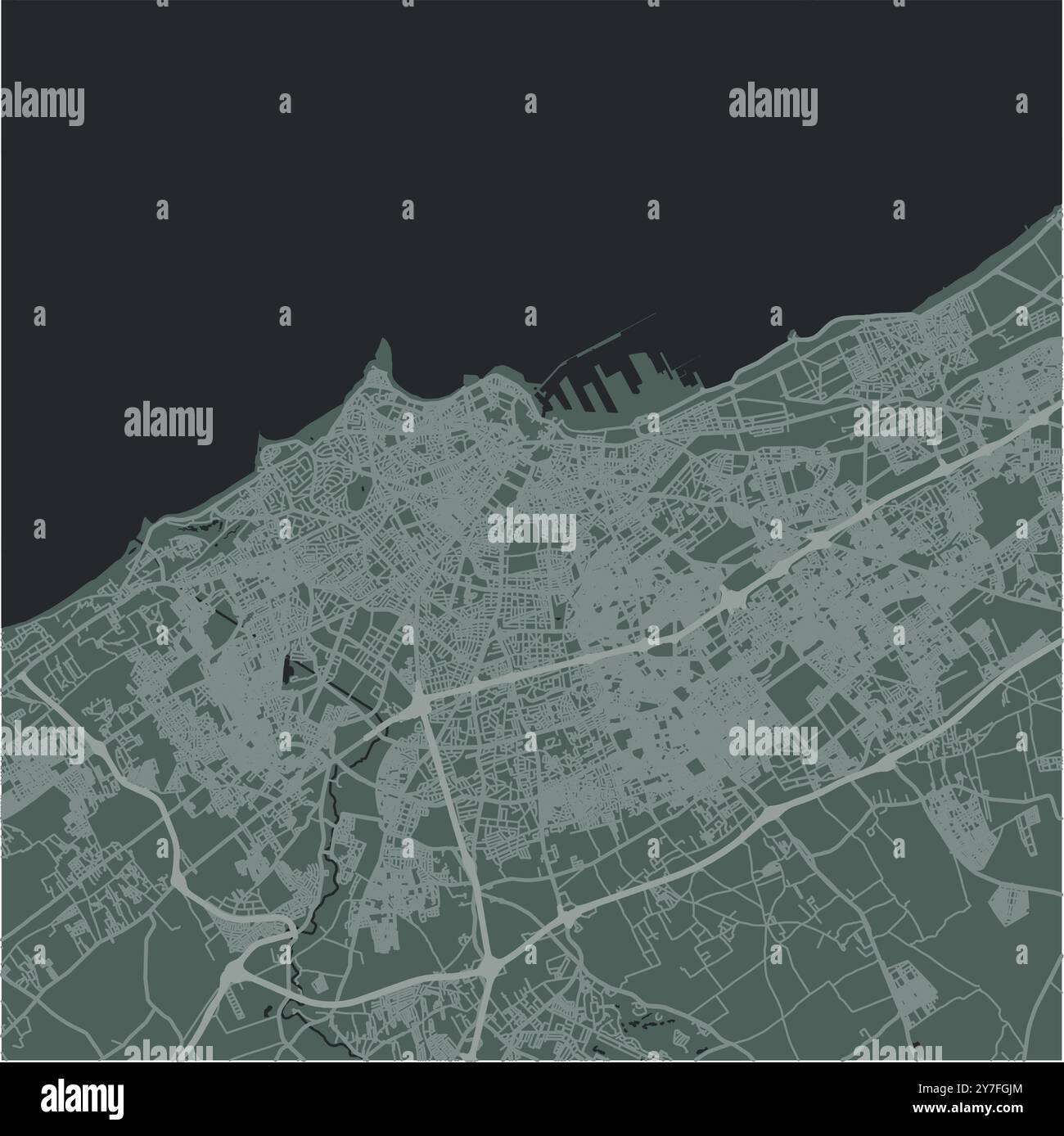 Map of Casablanca in Morocco in a smooth dark style. Contains layered ...