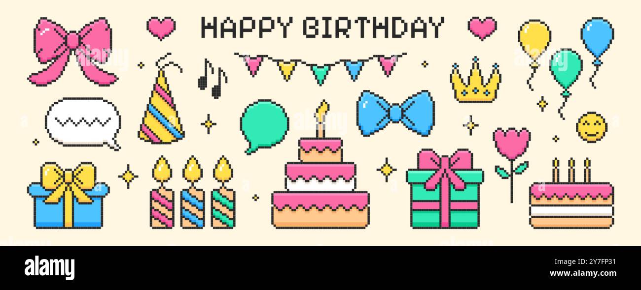 Pixel art happy birthday element set. Y2k trendy pixelated stickers of ...