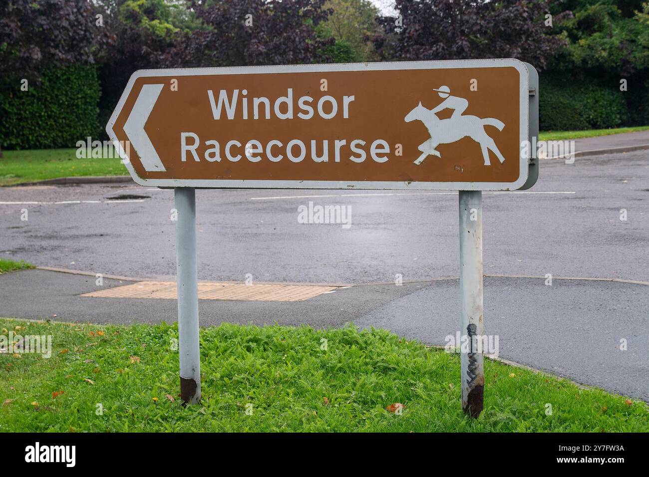 Windsor, Berkshire, UK. 30th September, 2024. Today's horse race meeting at Royal Windsor Racecourse in Windsor, Berkshire has been abandoned due to the weather. Following a course inspection at 7.30am this morning, the Clerk of the Course found that the ground on the racetrack was saturated. 12mm of rain fell overnight and this morning on top of 133mm of rain the last 10 days. Credit: Maureen McLean/Alamy Live News Stock Photo