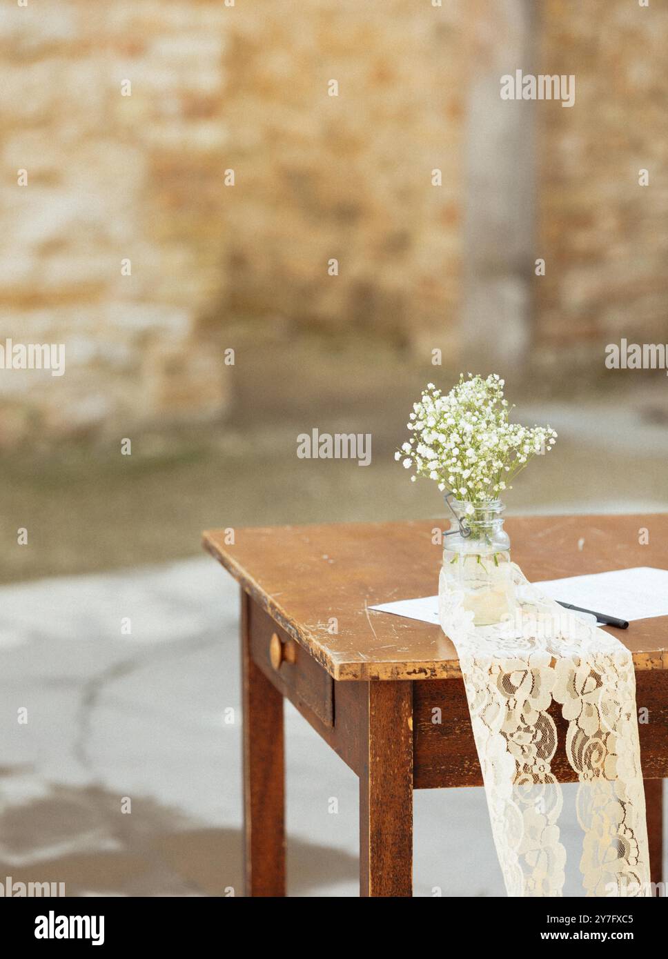 wedding ceremony signing table with baby's breath Stock Photo