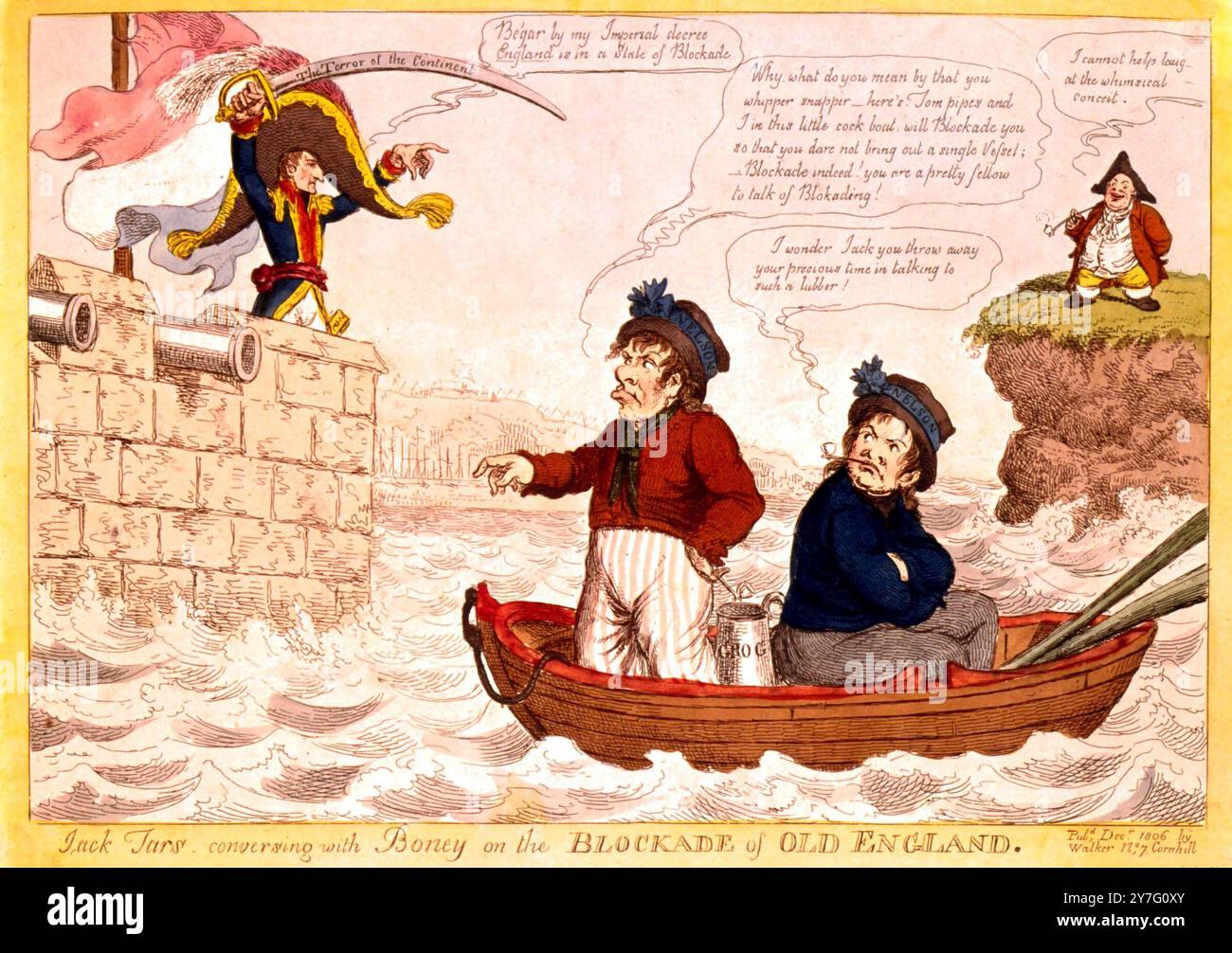 British political cartoon. 'Jack Tars conversing with Boney on the Blockade of Old England.' Stock Photo