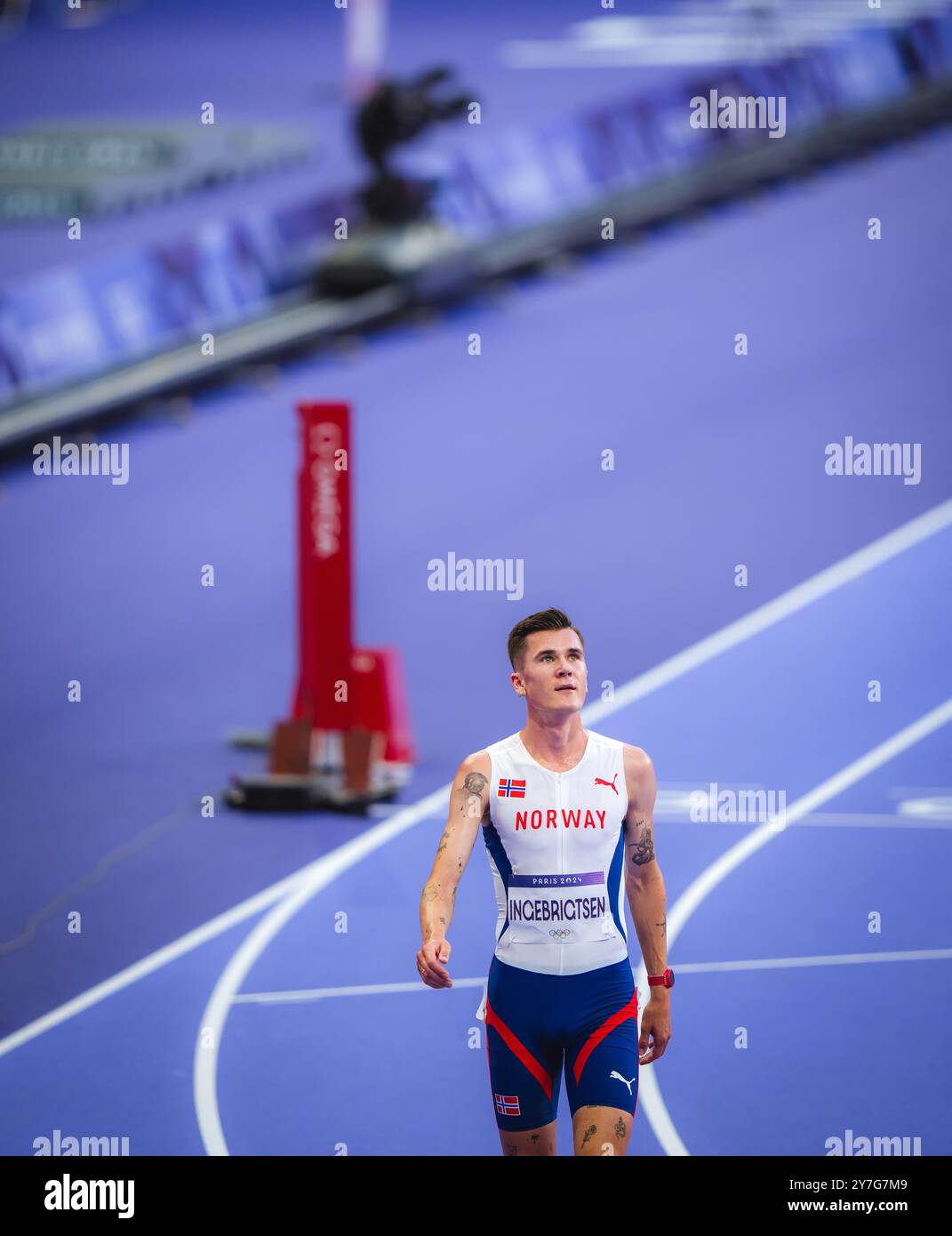 Jakob Ingebrigtsen participating in the 5000 meters at the Paris 2024 ...