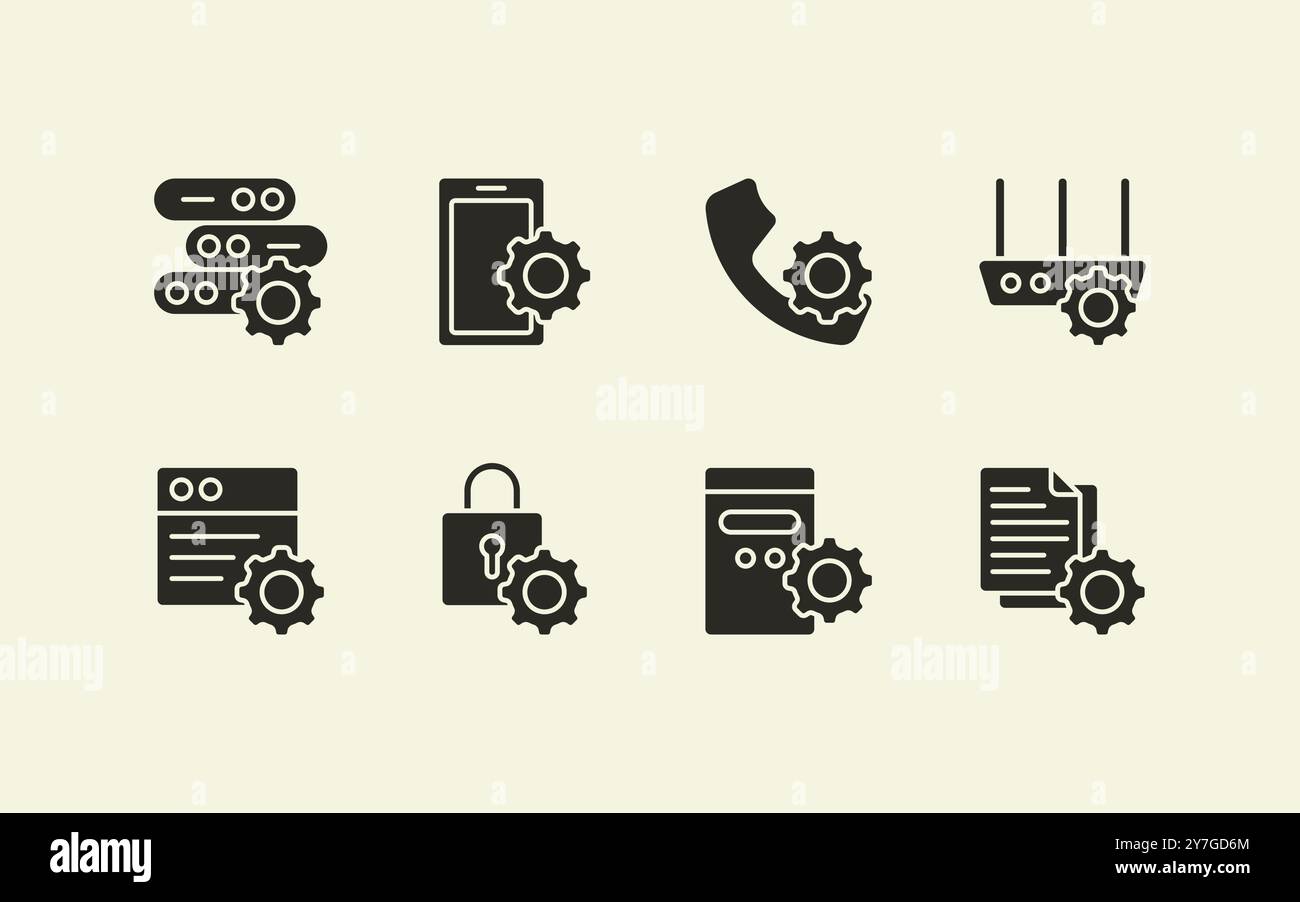 Solid flat setting gear illustration icon set with various digital and analogue device and document Stock Vector