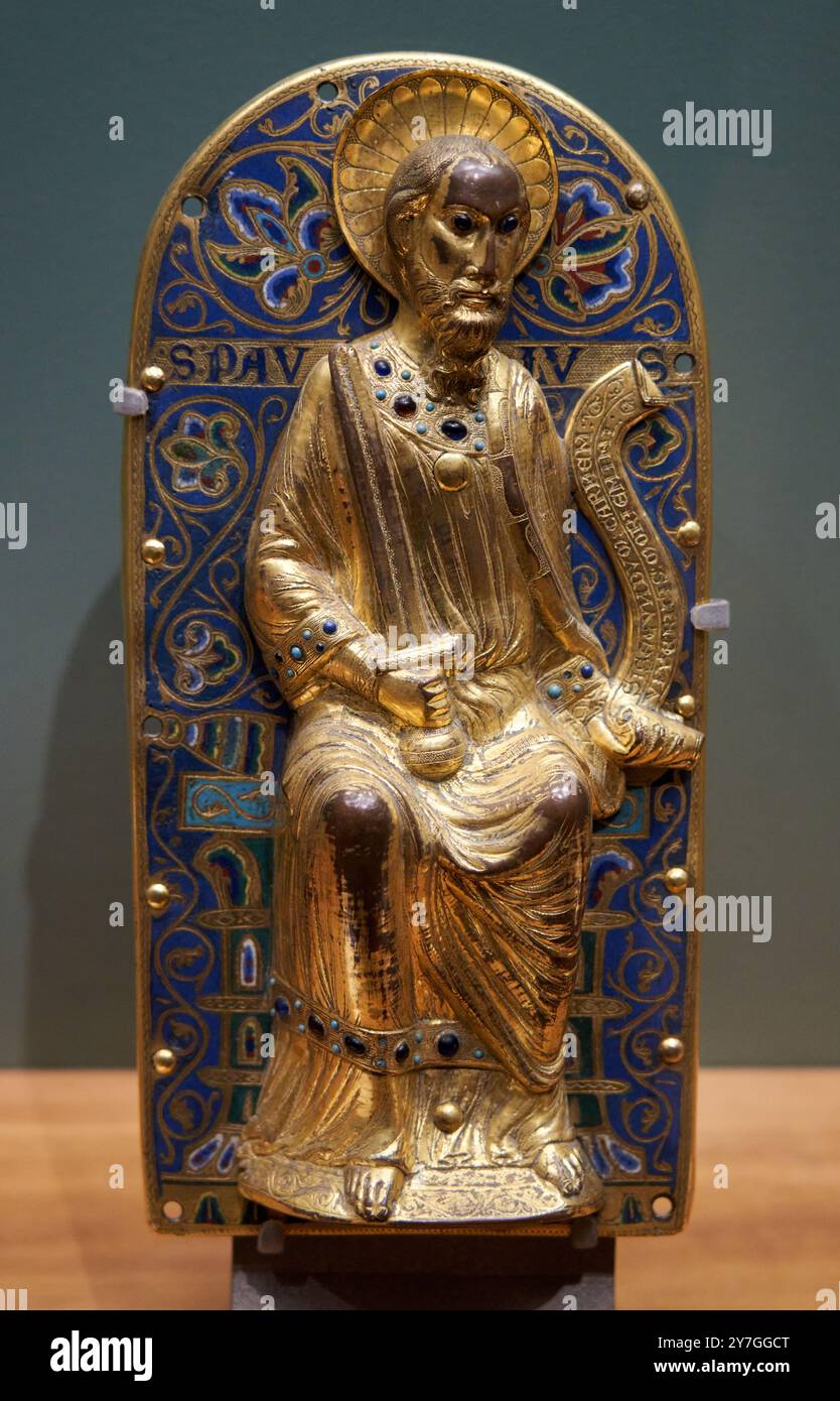 Plaques de parement de retable : Saint Paul, Limoges, vers 1220-1230, Cuivre, émaux champlevés, cabochons de verre, Petit Palais, City of Paris Fine Art Museum, Musée des Beaux-Arts de la Ville de Paris, France. Stock Photo