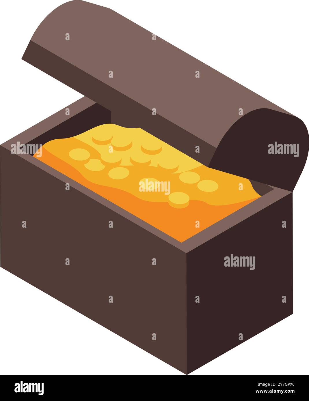 Open wooden chest overflowing with gold coins in an isometric ...