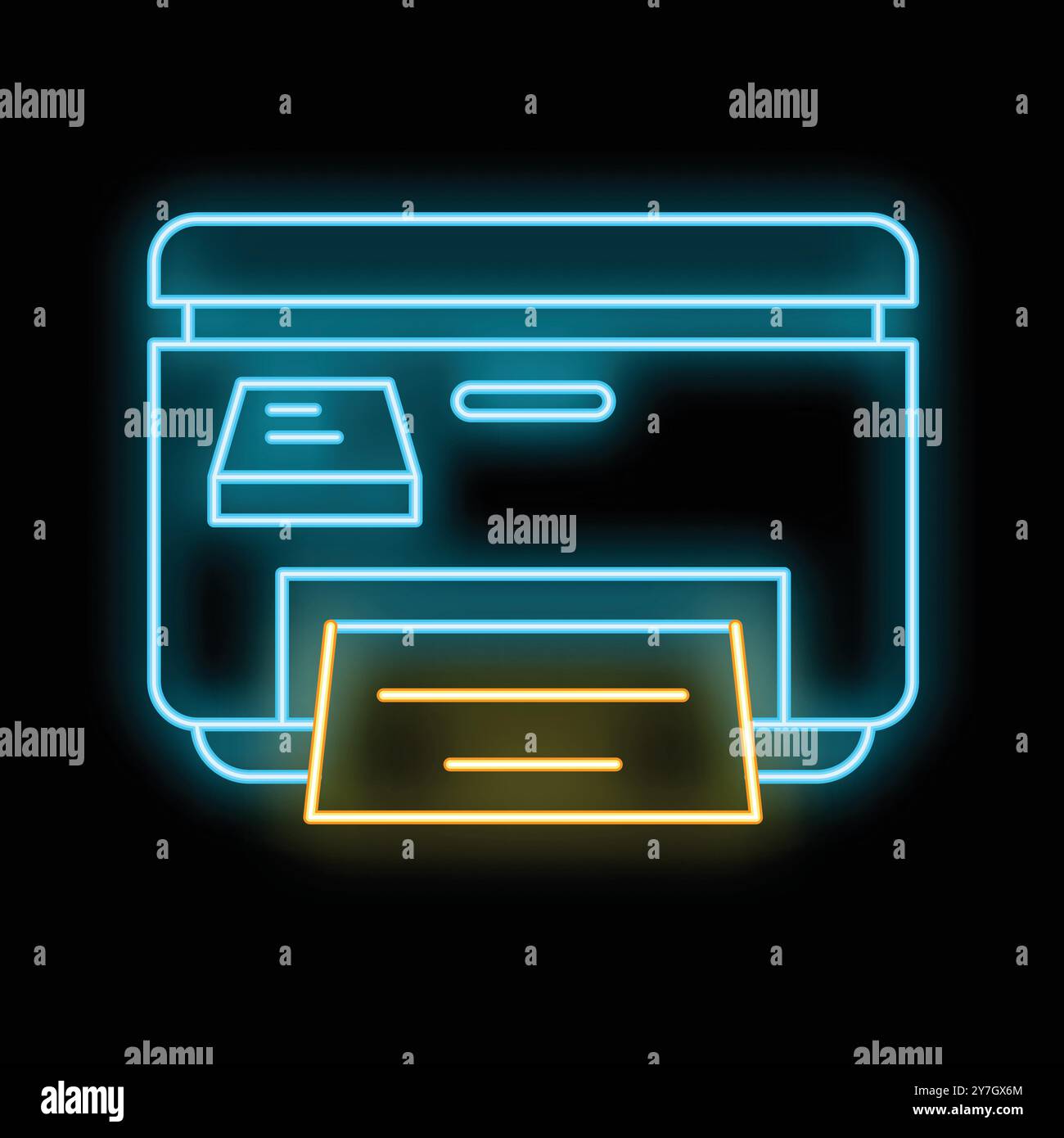 Glowing neon line printer icon isolated on black background, printing a document Stock Vector