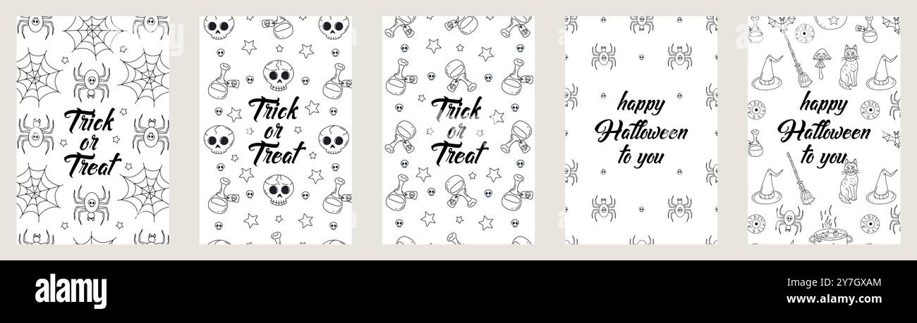 Set of Cards or posters with cute hand drawn Halloween illustrations ...