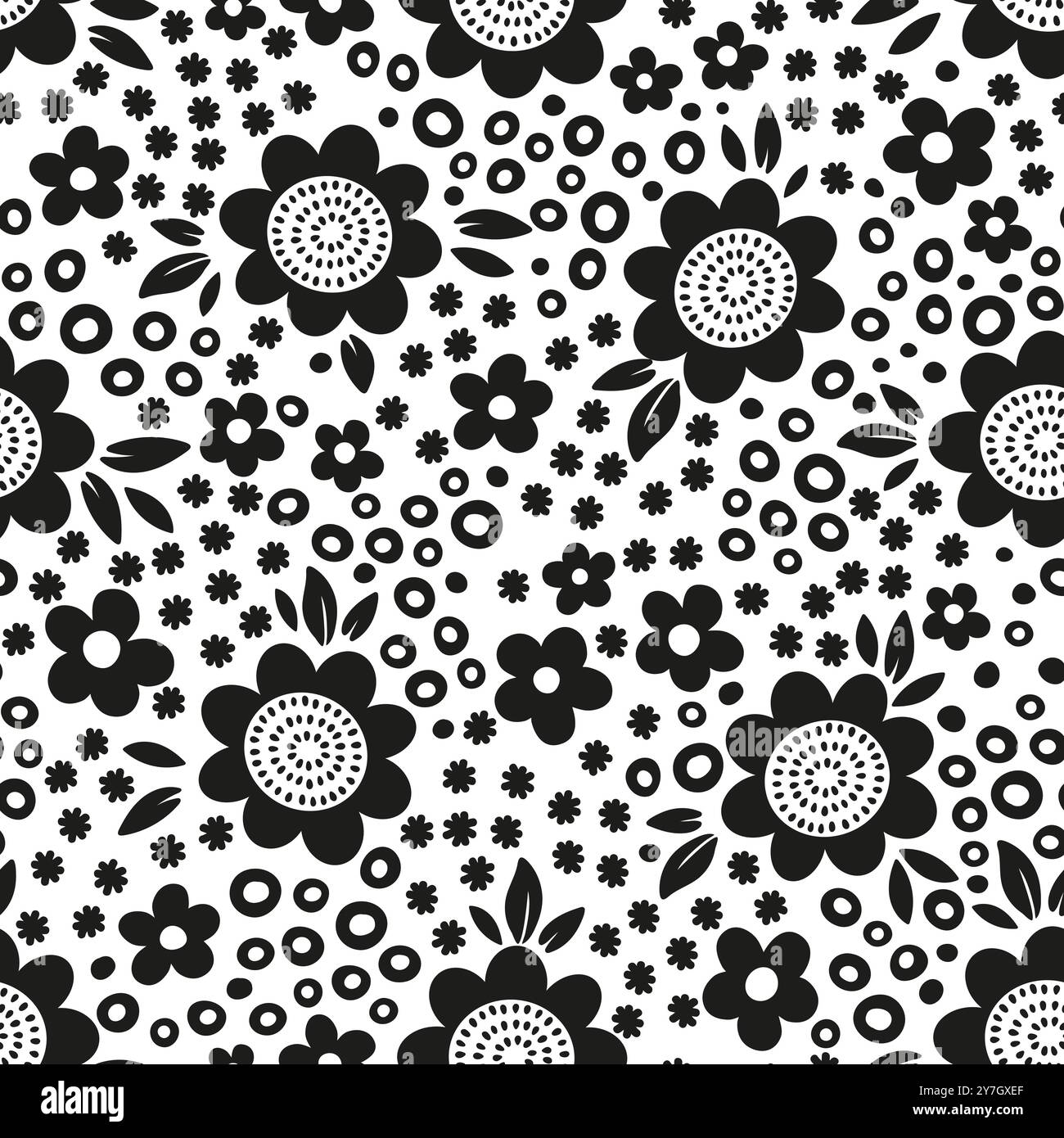 Black and white seamless pattern. Hand drawn illustration. Silhouette of stylized different abstract flowers Stock Vector