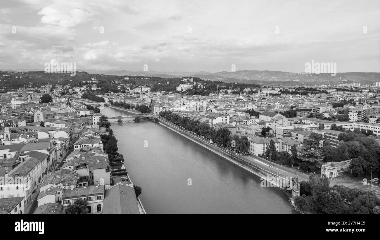 Aerial view of Verona, Italy showcasing the Adige River and cityscape ...