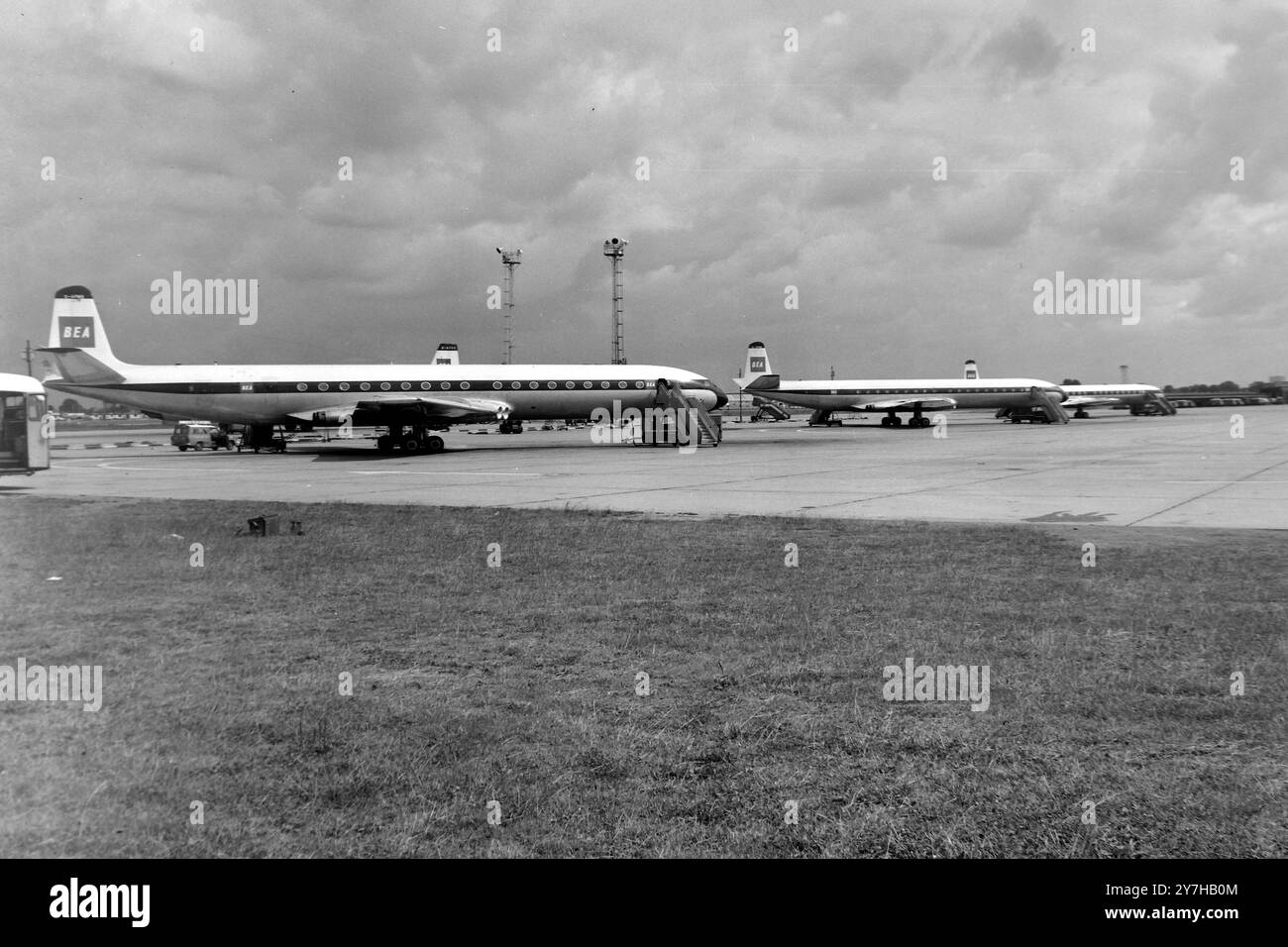 STRIKES BEA AIRLINERS LINE UP DESERTED RUNWAY AT LONDON AIRPORT  RESULT OF STRIKE  ;  10 JULY 1964 Stock Photo
