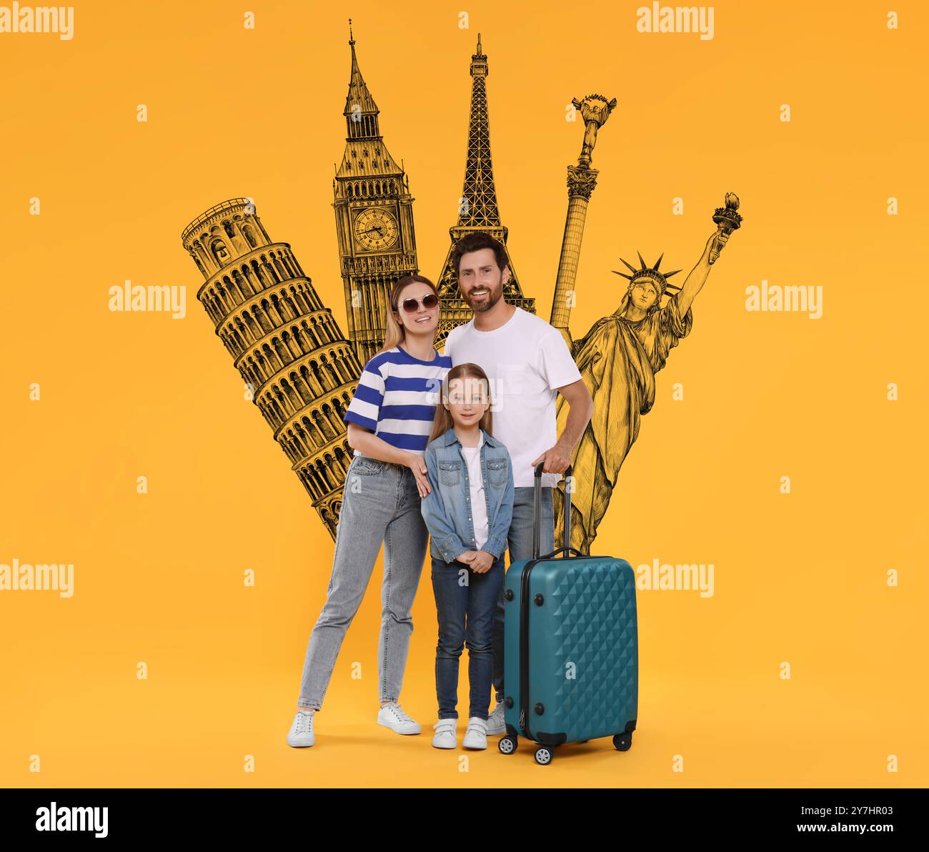 Happy parents and their daughter on orange background. Illustrations of famous landmarks behind family with suitcase Stock Photo