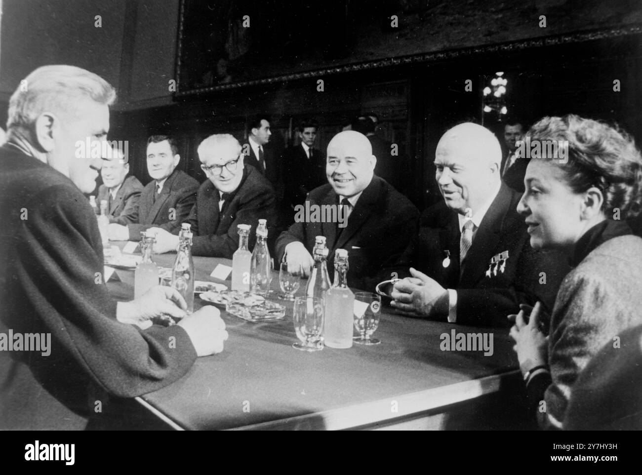 SOVIET PRIME MINISTER NIKITA KHRUSHCHEV WITH JANOS  KADAR HUNGARIAN PREMIER AT BUDAPEST CONFERENCE WITH DOBI & GROMYKO /  ;  3 APRIL 1964 Stock Photo