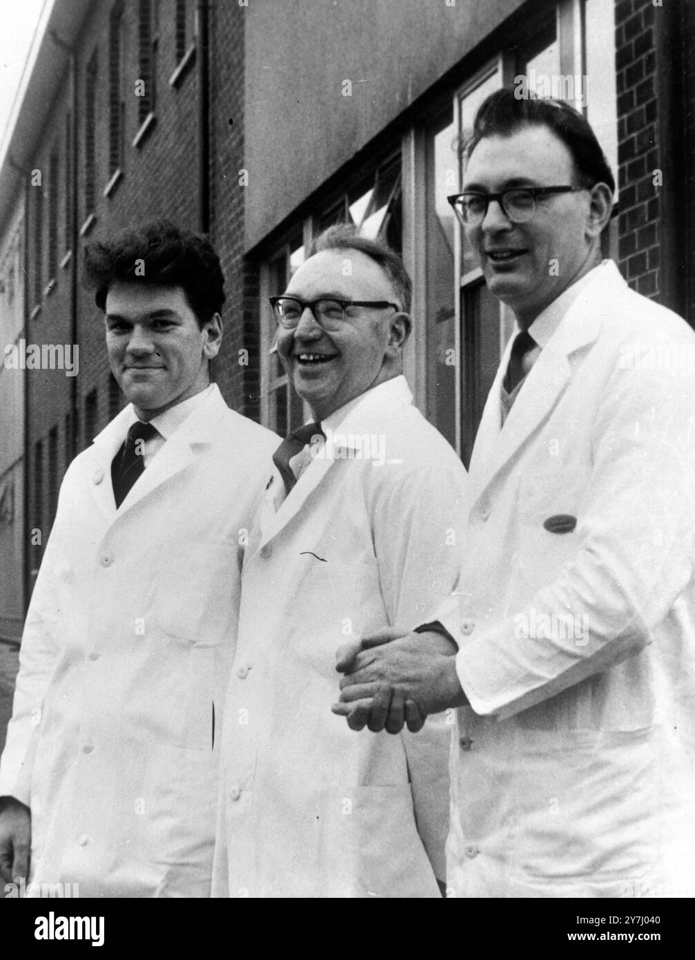 For the first time in the history of the Royal College of Nursing, three male nurses have been elected to top branch positions. They are all employed by the Bournemouth and East Dorset Hospital Group, at the new Poole General Hospital.The are Left to Right; charge nurse Mr Michael Whawell, elected Secretary, who trained at the RAMC Hospital, Tidworth; training school tutor Mr Joseph Bryson, elected chairman, formerly of Frenchay Hospital, Bristol; and charge nurse, Mr Peter Smith-Nicholls, elected treasurer, formerly at West Bromwich General Hospital. 26 MARCH 1964 Stock Photo