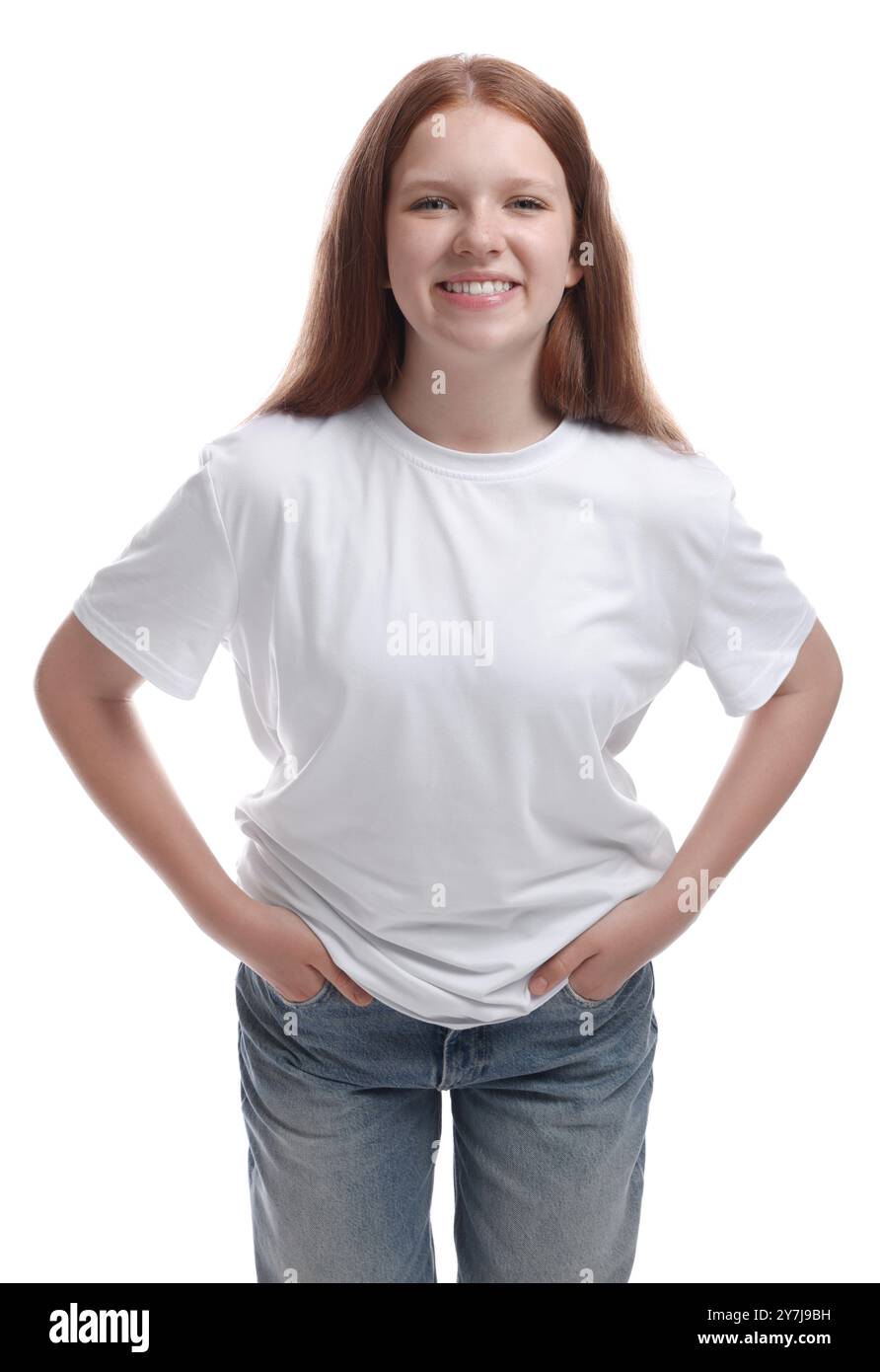 Portrait of teenage girl on white background Stock Photo - Alamy