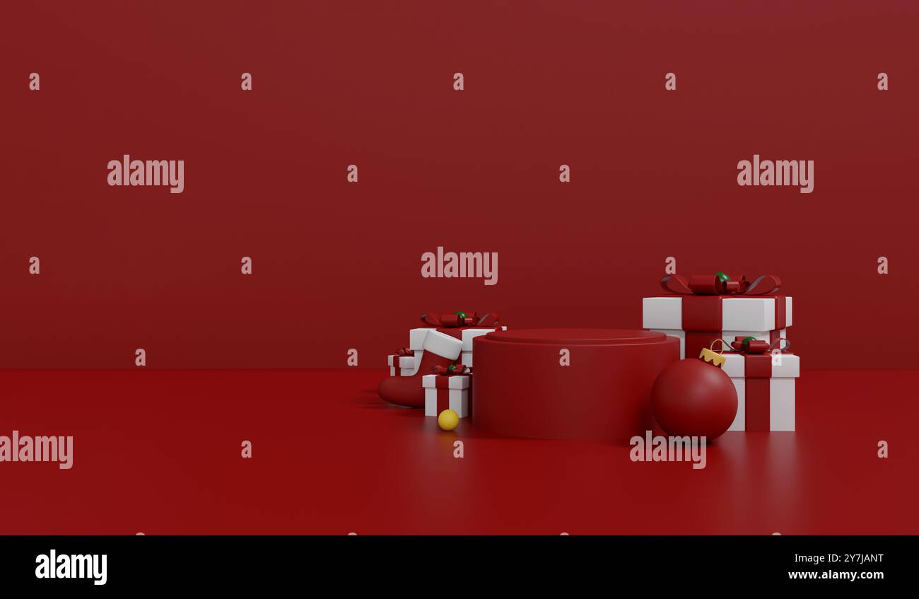 Christmas Gift Boxes and Golden Stars on Red Podium Background ...