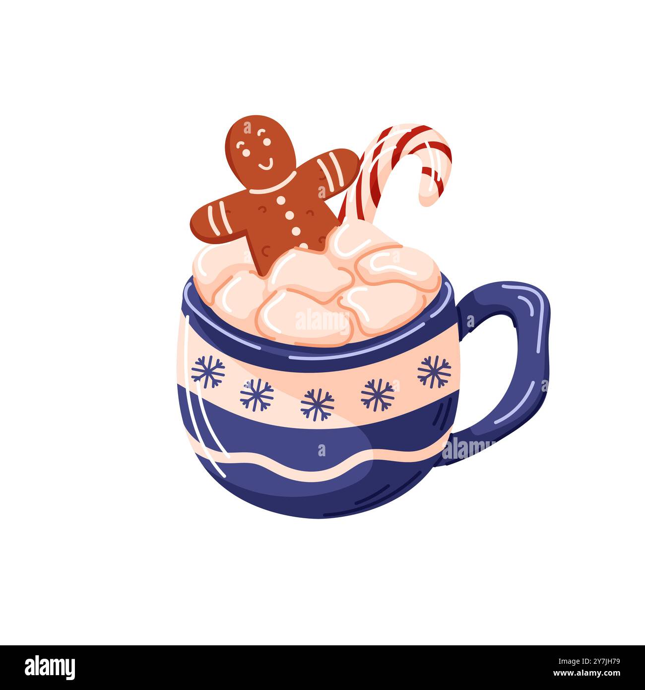 Festive mug filled with hot chocolate, marshmallow, gingerbread cookie man and a candy cane in cartoon style. Design for Christmas, winter holiday Stock Vector