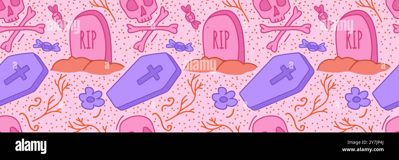 Spooky halloween pattern with grave and coffin. Stock Vector