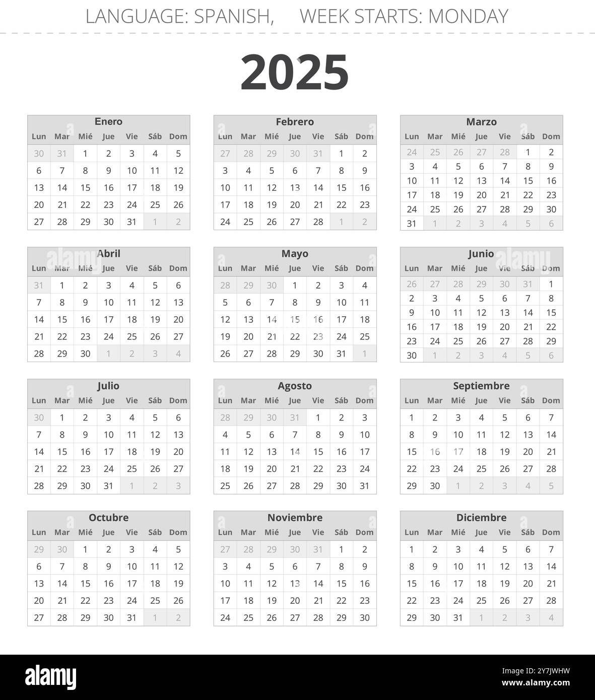 Spanish 2025 year calendar. Printable vector grey colors illustration ...