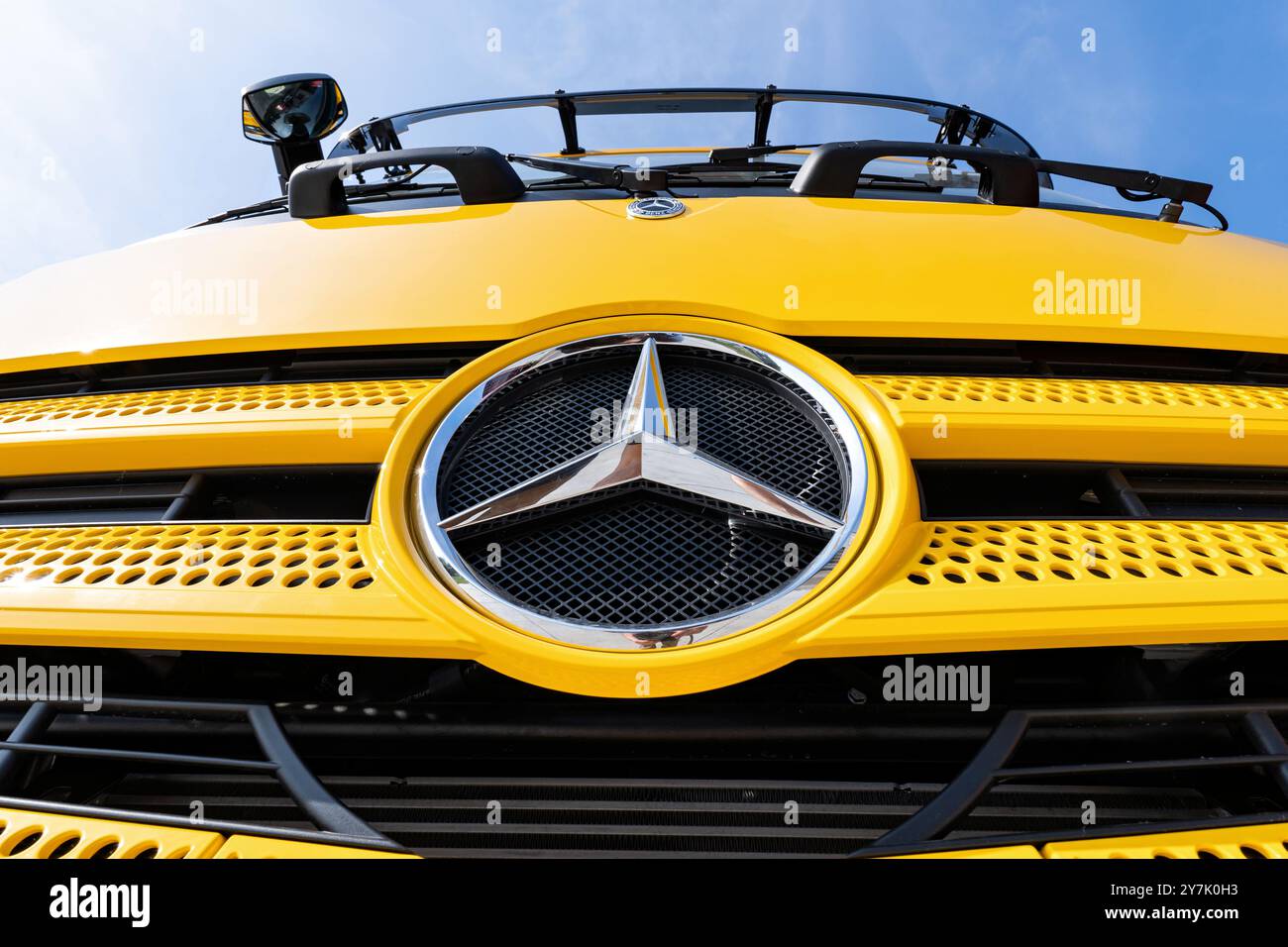 Mercedes-Benz logo on the front of a truck Stock Photo