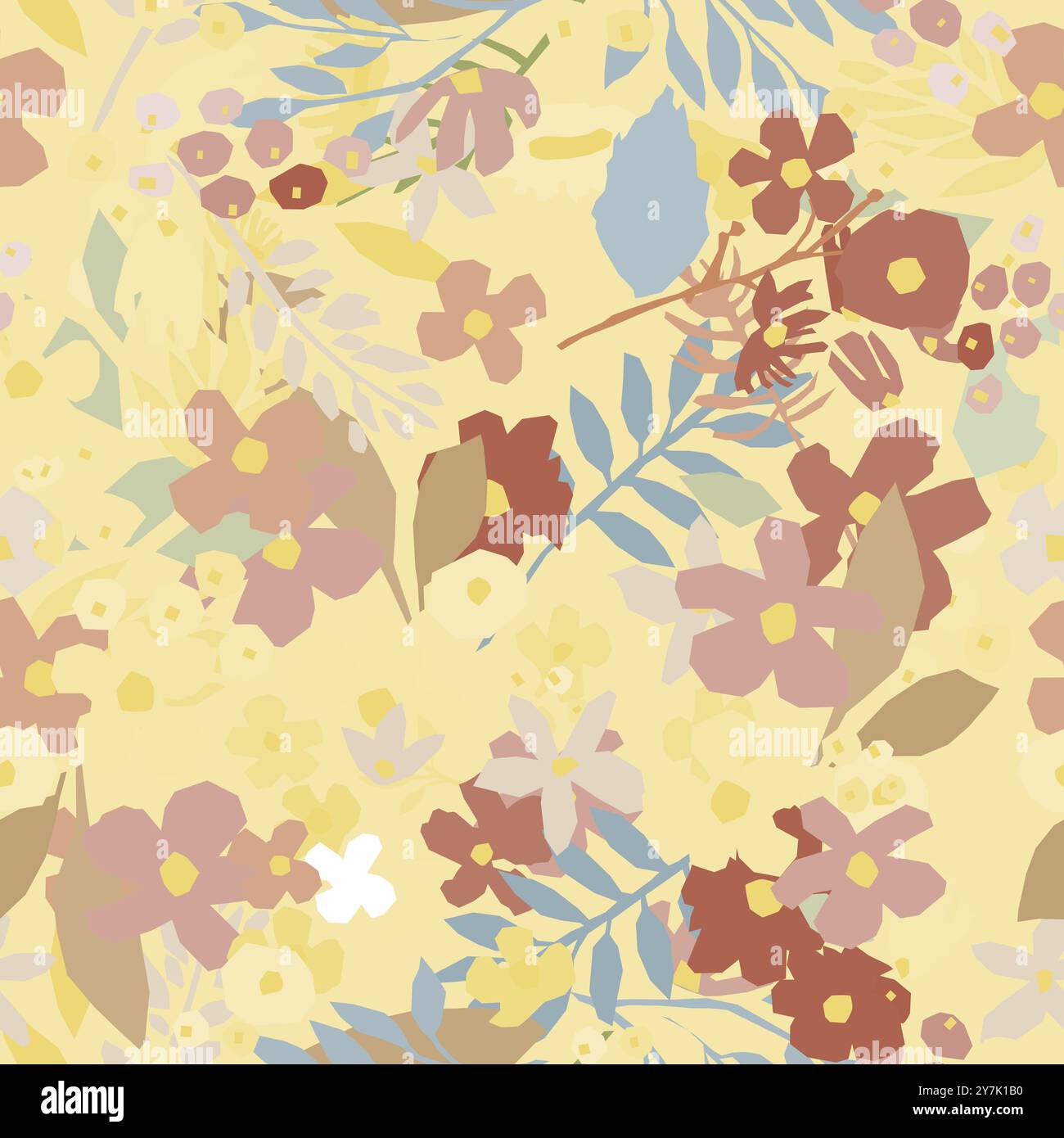 A seamless floral pattern featuring blooms and leaves on a light yellow ...