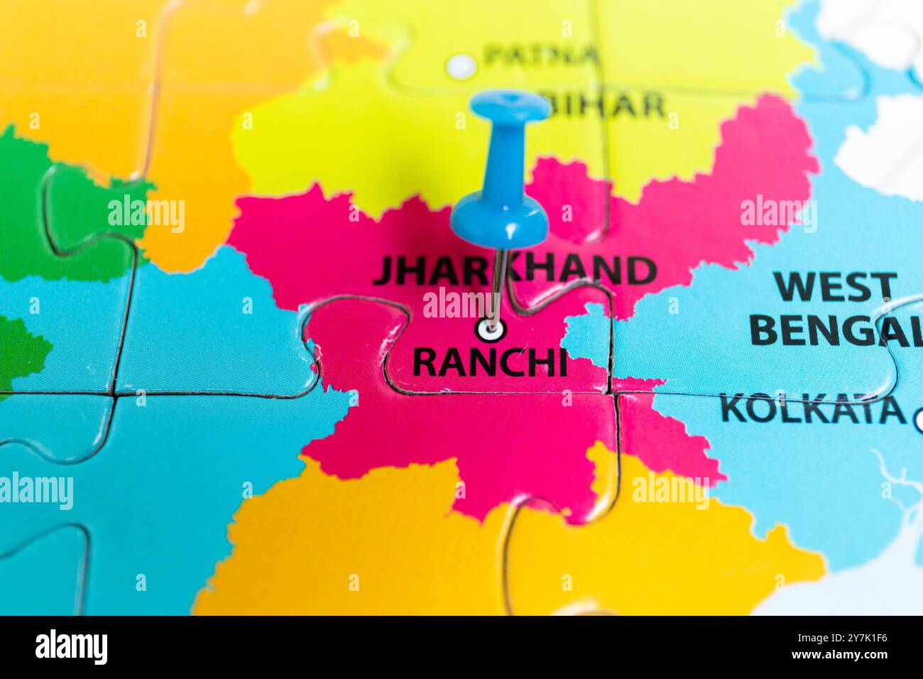 A map pin pointing Ranchi - the capital of Jharkhand on Indian map Stock Photo