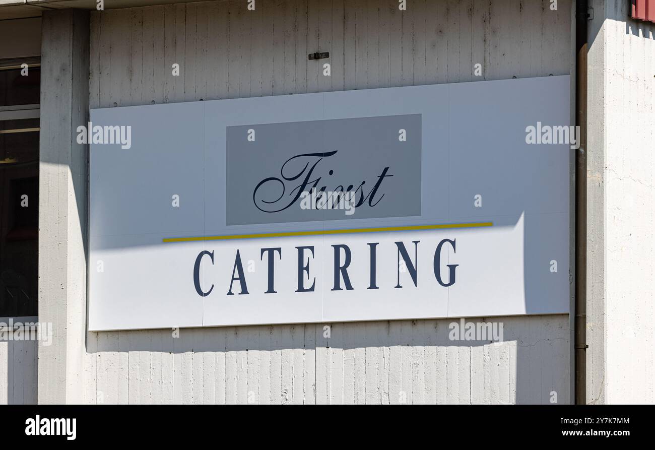 Bassersdorf, Switzerland, 22nd Jul 2023: Logo of the catering company First, which does catering for airlines. (Photo by Andreas Haas/dieBildmanufaktu Stock Photo