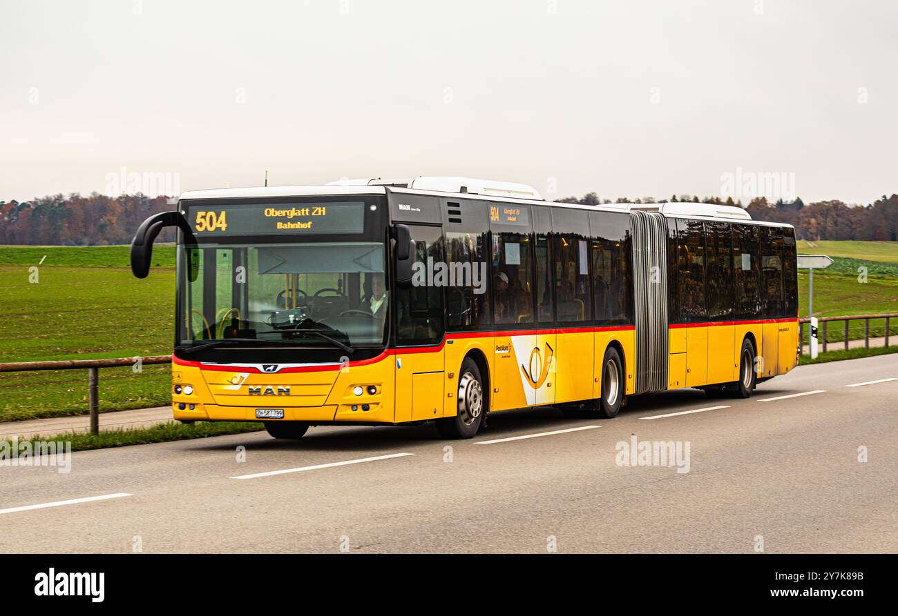 Ein Bus der Postauto AG der Buslinie 504 ist unterwegs auf einer ausserorts Strasse. Ziel ist der Bahnhof in Oberglatt. (Oberglatt, Schweiz, 18.11.202 Stock Photo