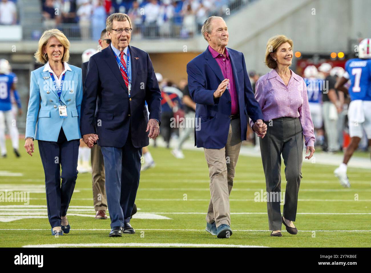 September 28, 2024: Former President George W. Bush, his wife Laura and SMU President R. Gerald Turner and his wife, Gail, before a game between the Florida State Seminoles and the Southern Methodist Mustangs at Gerald J. Ford Stadium in Dallas, Texas. Freddie Beckwith/CSM Stock Photo