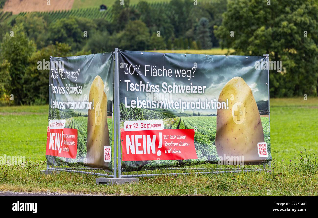 Pfungen, Switzerland, 25th Aug 2024: A poster advertises against the biodiversity initiative. The vote in Switzerland will take place on September 22, Stock Photo