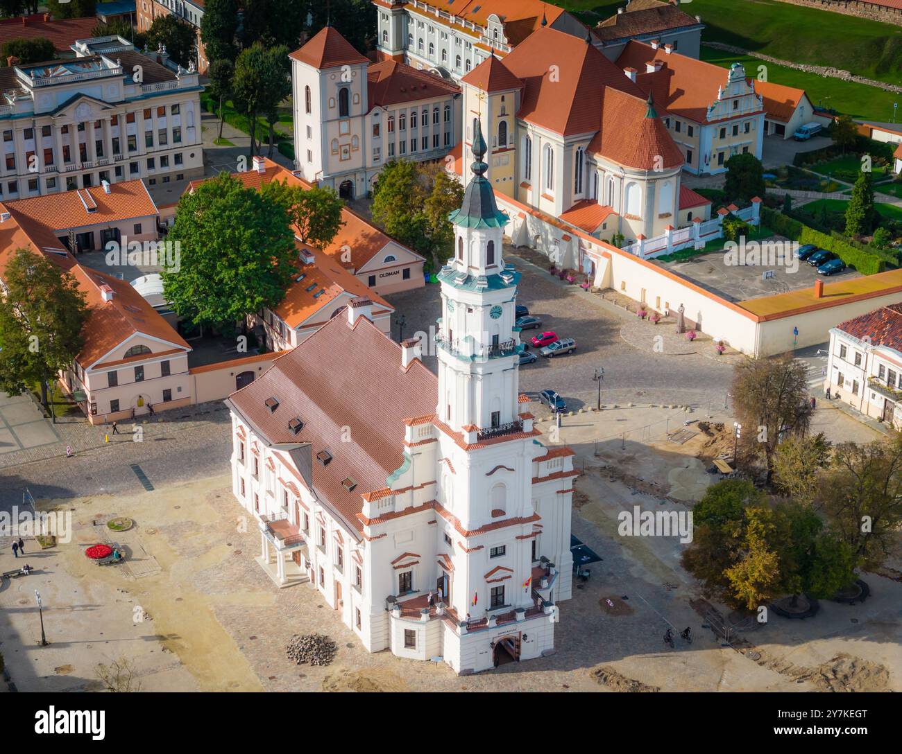 Kaunas city hall and old town, Lithuania. Panoramic drone aerial view ...