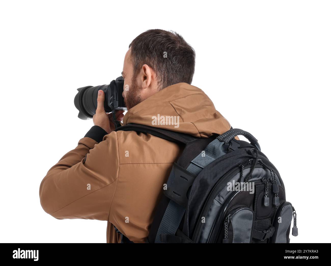 Photographer Back Photographer with backpack and camera taking picture on white ...