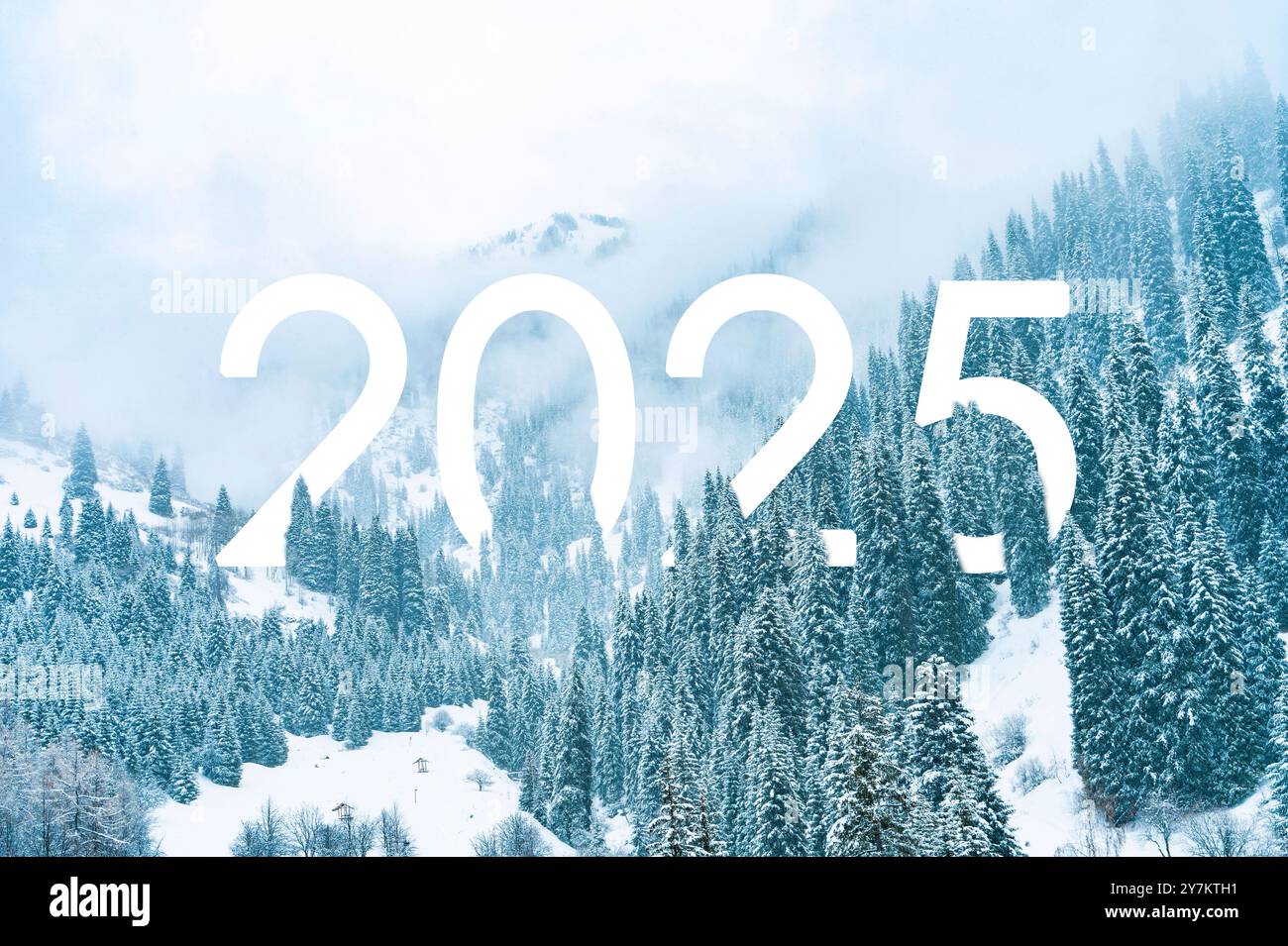 Text 2025 in the forest covered with snow in winter in the mountains during snowfall and fog
