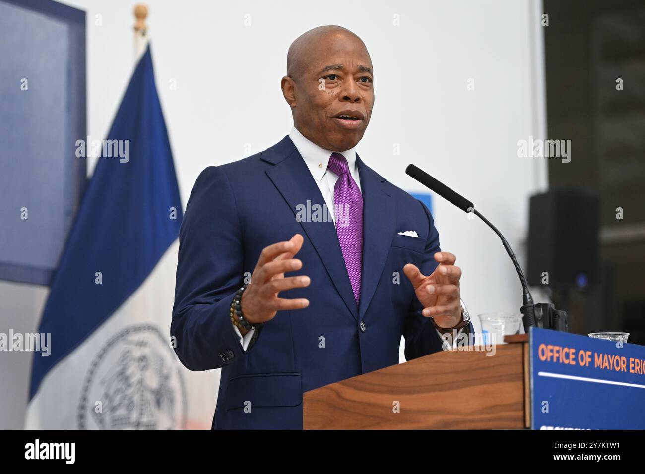 New York City Mayor Eric Adams delivers a public safety- and ...