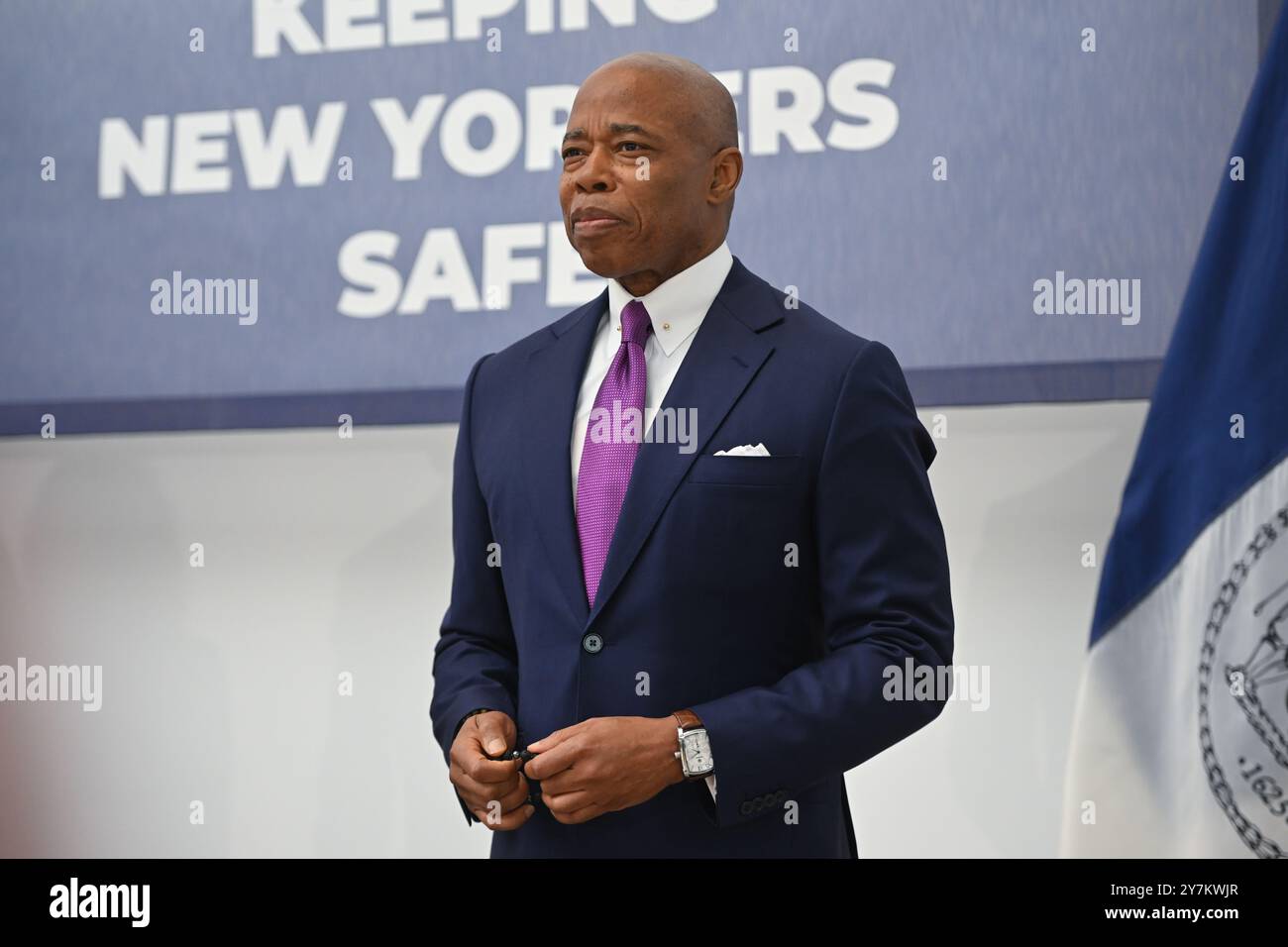 New York City Mayor Eric Adams delivers a public safety- and ...