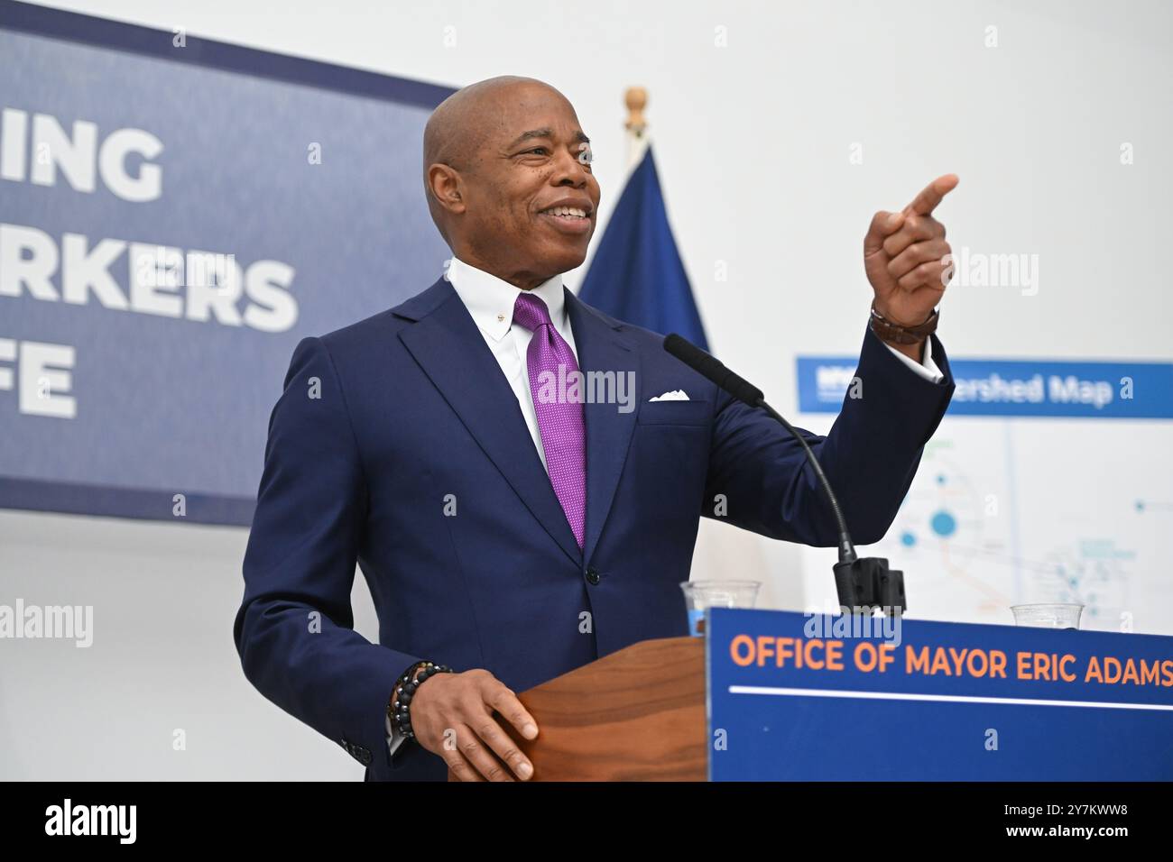 New York City Mayor Eric Adams delivers a public safety- and ...
