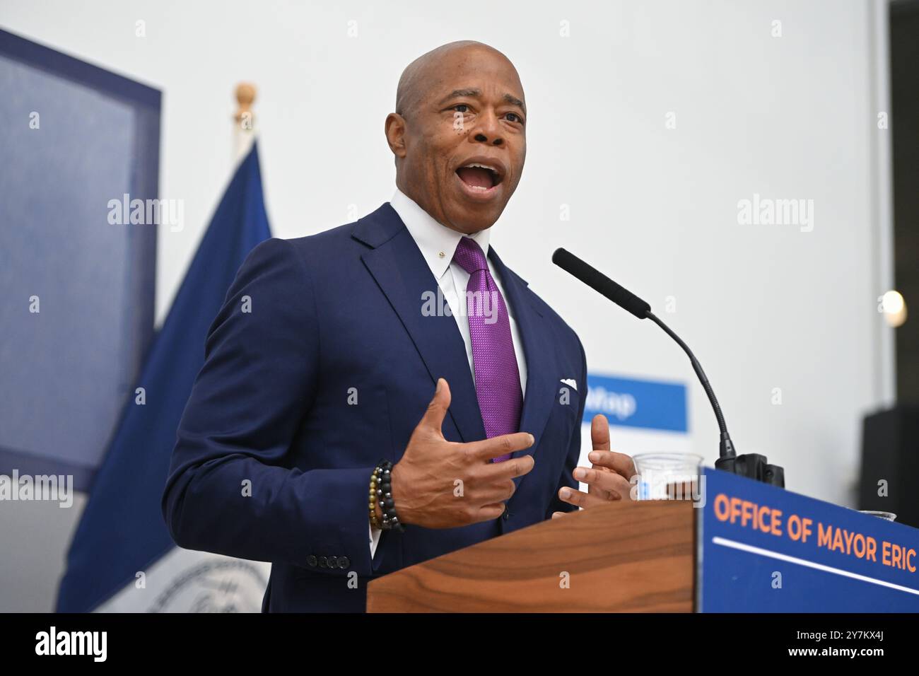 New York City Mayor Eric Adams delivers a public safety- and ...