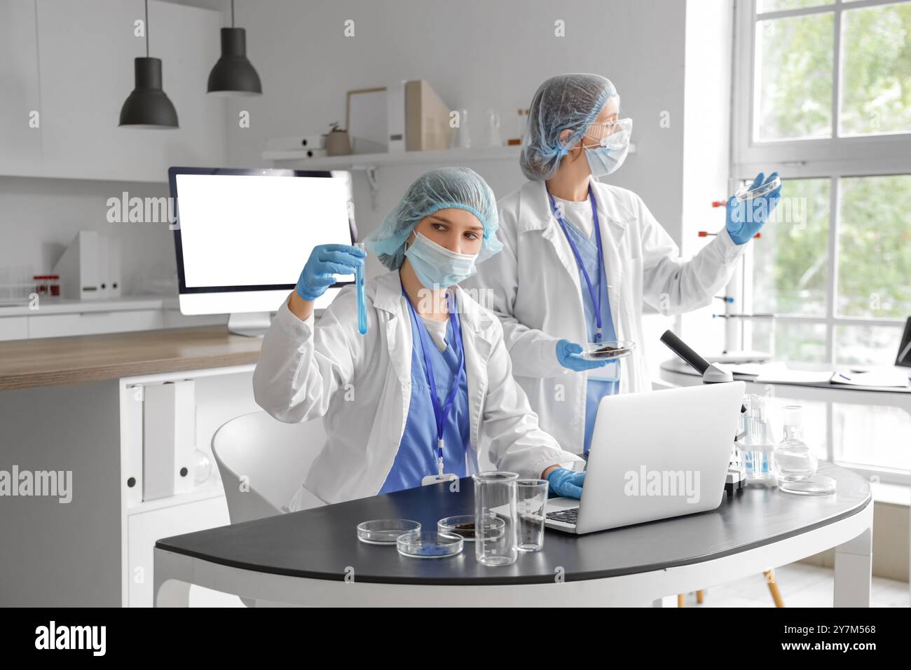Female scientists working with Petri dishes and test tube in laboratory ...