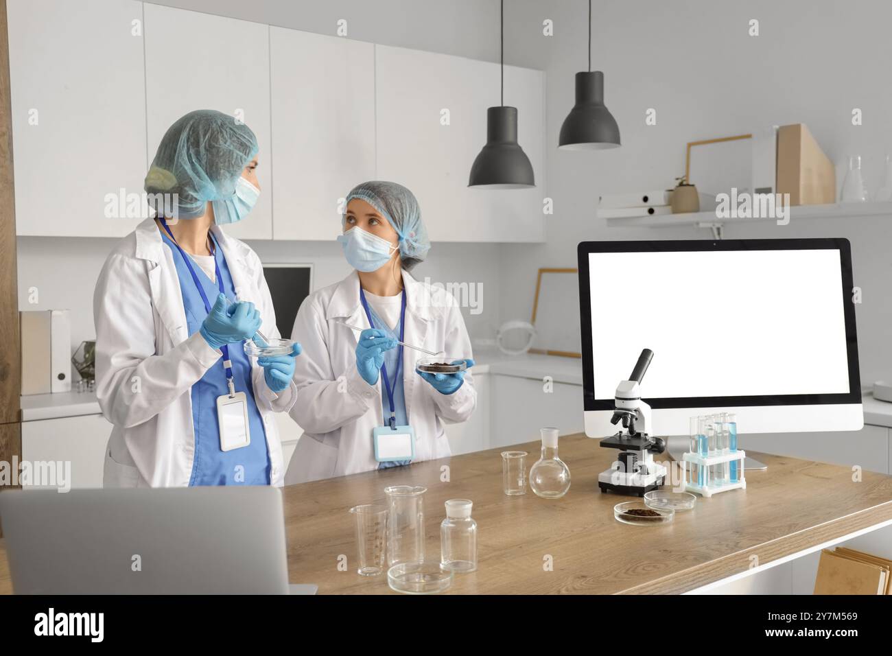 Female scientists working with Petri dishes in laboratory Stock Photo ...