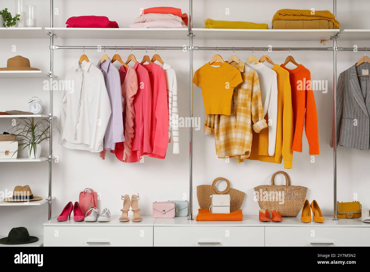 Wardrobe with shelves, female clothes and accessories in walk-in closet Stock Photo