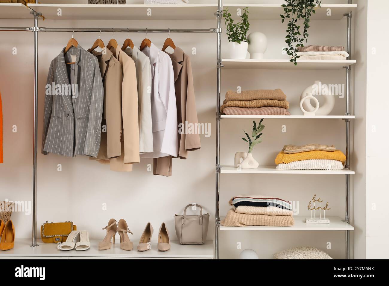 Wardrobe with shelves, female clothes and shoes in walk-in closet Stock Photo