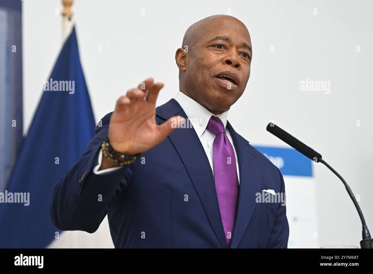 New York City Mayor Eric Adams delivers a public safety- and ...
