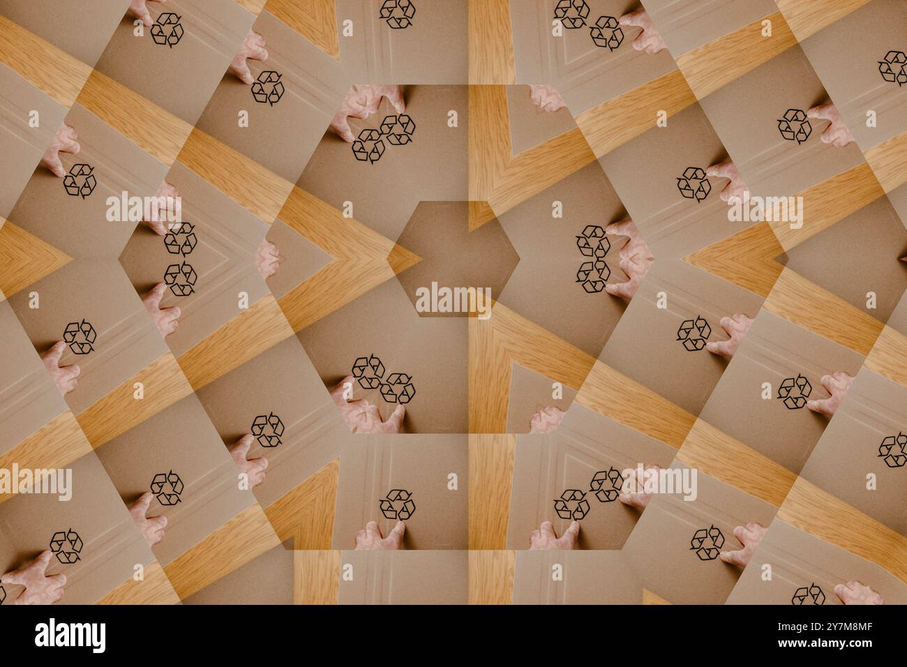 A kaleidoscopic image featuring a recycling symbol, a hand, and wooden ...
