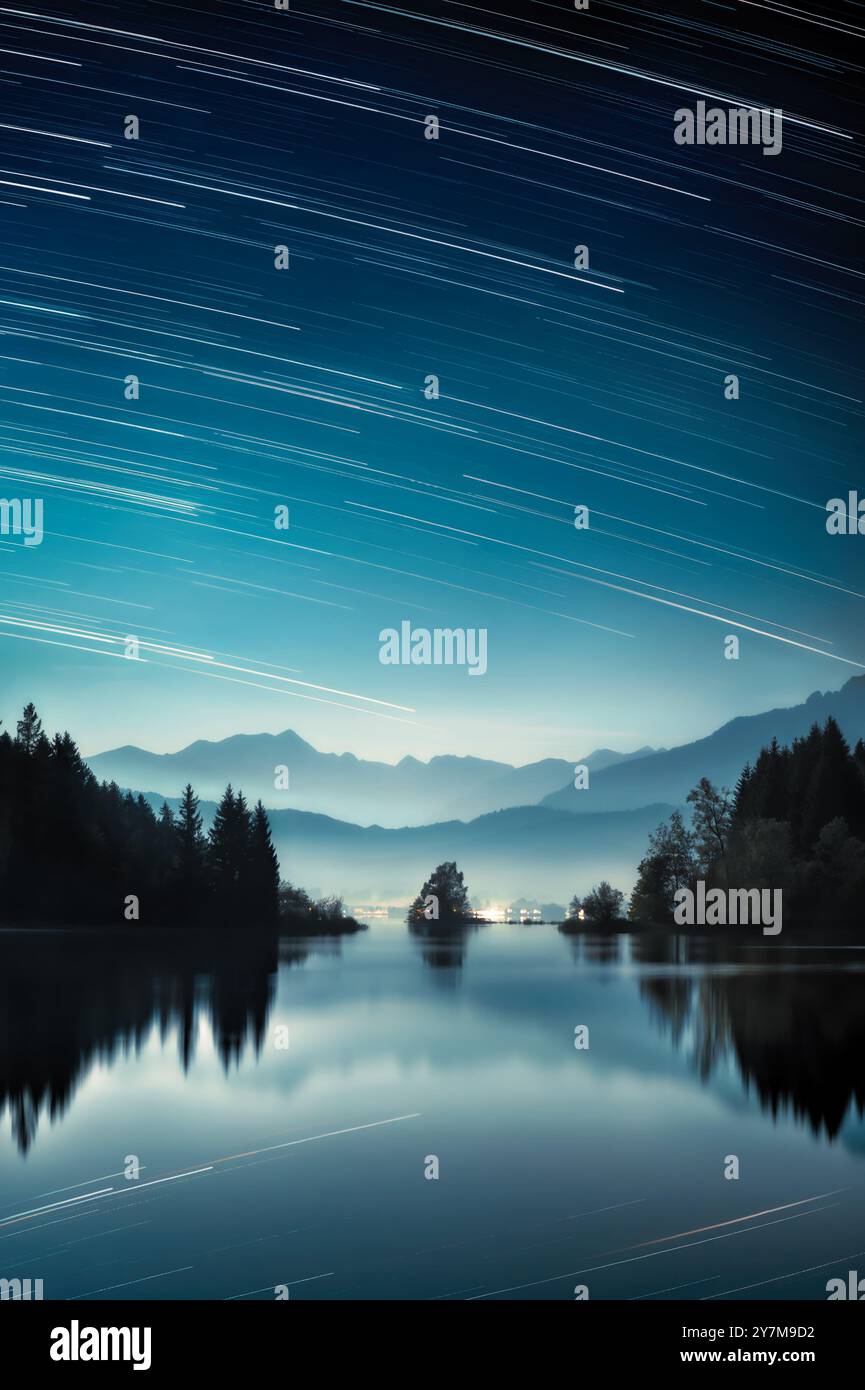 Night landscape with a beautiful lake in the Alps, village lights in front of the mountains, layers of mist and nice star trails in the dark blue sky Stock Photo