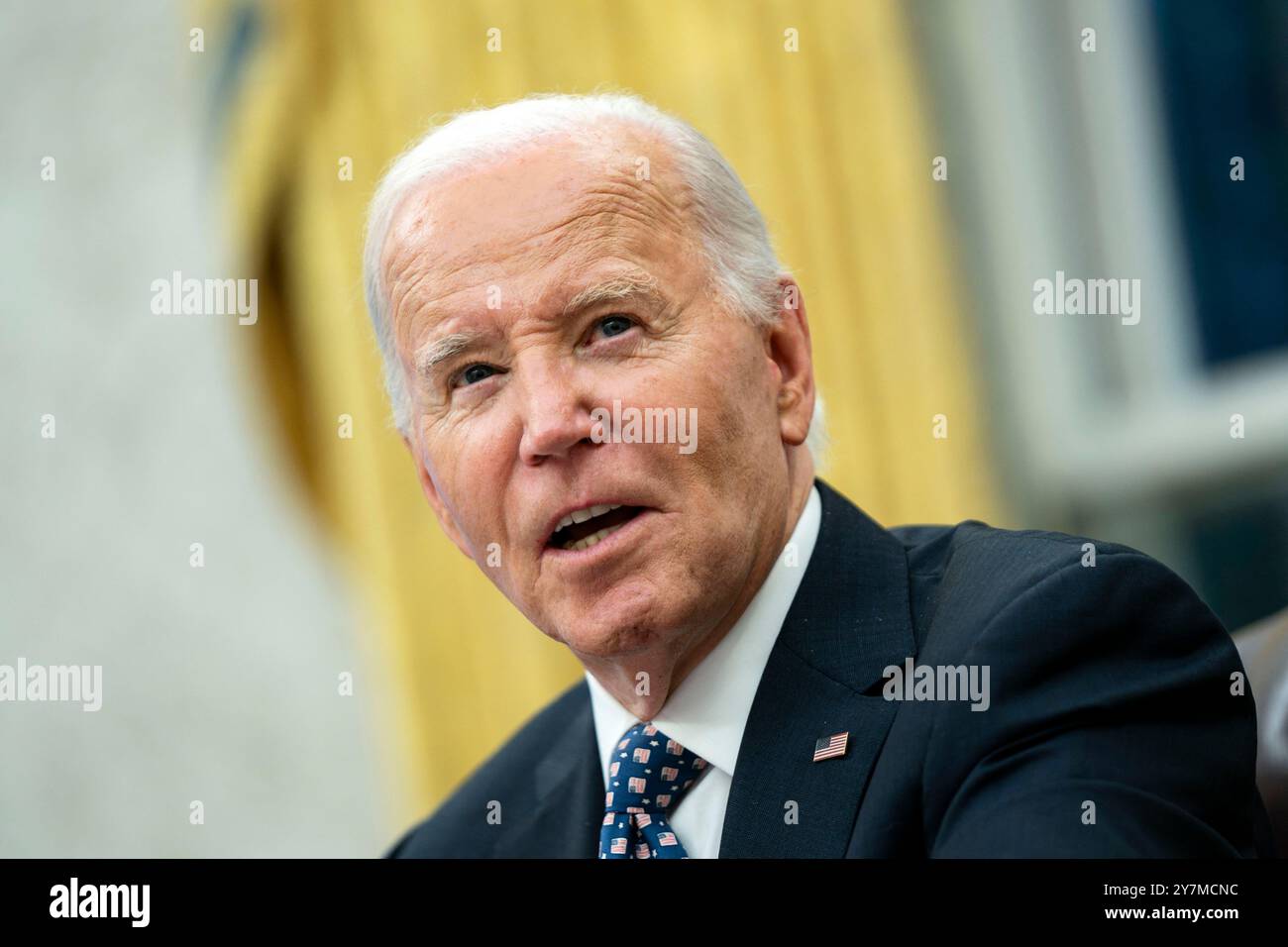 Washington, United States. 30th Sep, 2024. President Joe Biden speaks after a briefing from Governor of North Carolina Roy Cooper and FEMA Administrator Deanne Criswell on the latest operational updates from the impact of Hurricane Helene in the Oval Office at the White House in Washington, DC on Monday, September 30, 2024. Photo by Bonnie Cash/Pool/ABACAPRESS.COM Credit: Abaca Press/Alamy Live News Stock Photo