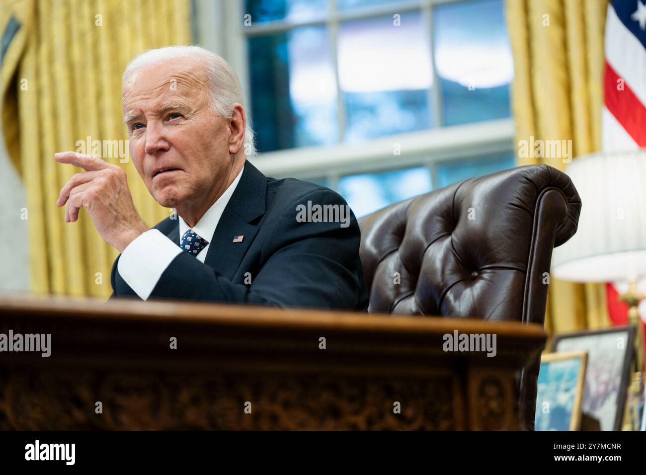 Washington, United States. 30th Sep, 2024. President Joe Biden speaks after a briefing from Governor of North Carolina Roy Cooper and FEMA Administrator Deanne Criswell on the latest operational updates from the impact of Hurricane Helene in the Oval Office at the White House in Washington, DC on Monday, September 30, 2024. Photo by Bonnie Cash/Pool/ABACAPRESS.COM Credit: Abaca Press/Alamy Live News Stock Photo