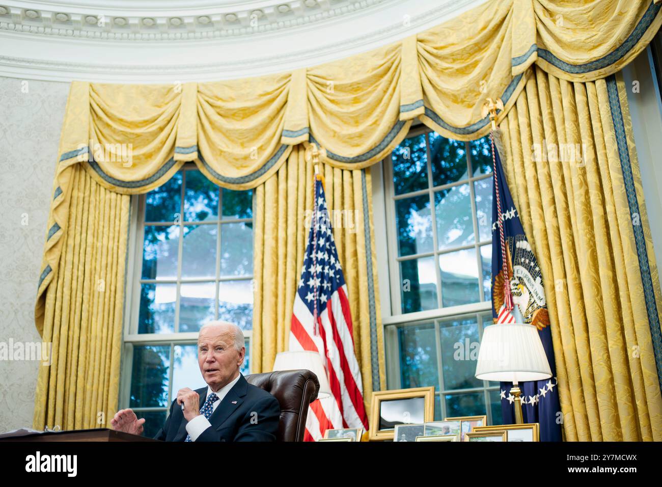 Washington, United States . 30th Sep, 2024. President Joe Biden speaks after a briefing from Governor of North Carolina Roy Cooper and FEMA Administrator Deanne Criswell on the latest operational updates from the impact of Hurricane Helene in the Oval Office at the White House in Washington, DC on Monday, September 30, 2024. Photo by Bonnie Cash/Pool/Sipa USA Credit: Sipa USA/Alamy Live News Stock Photo