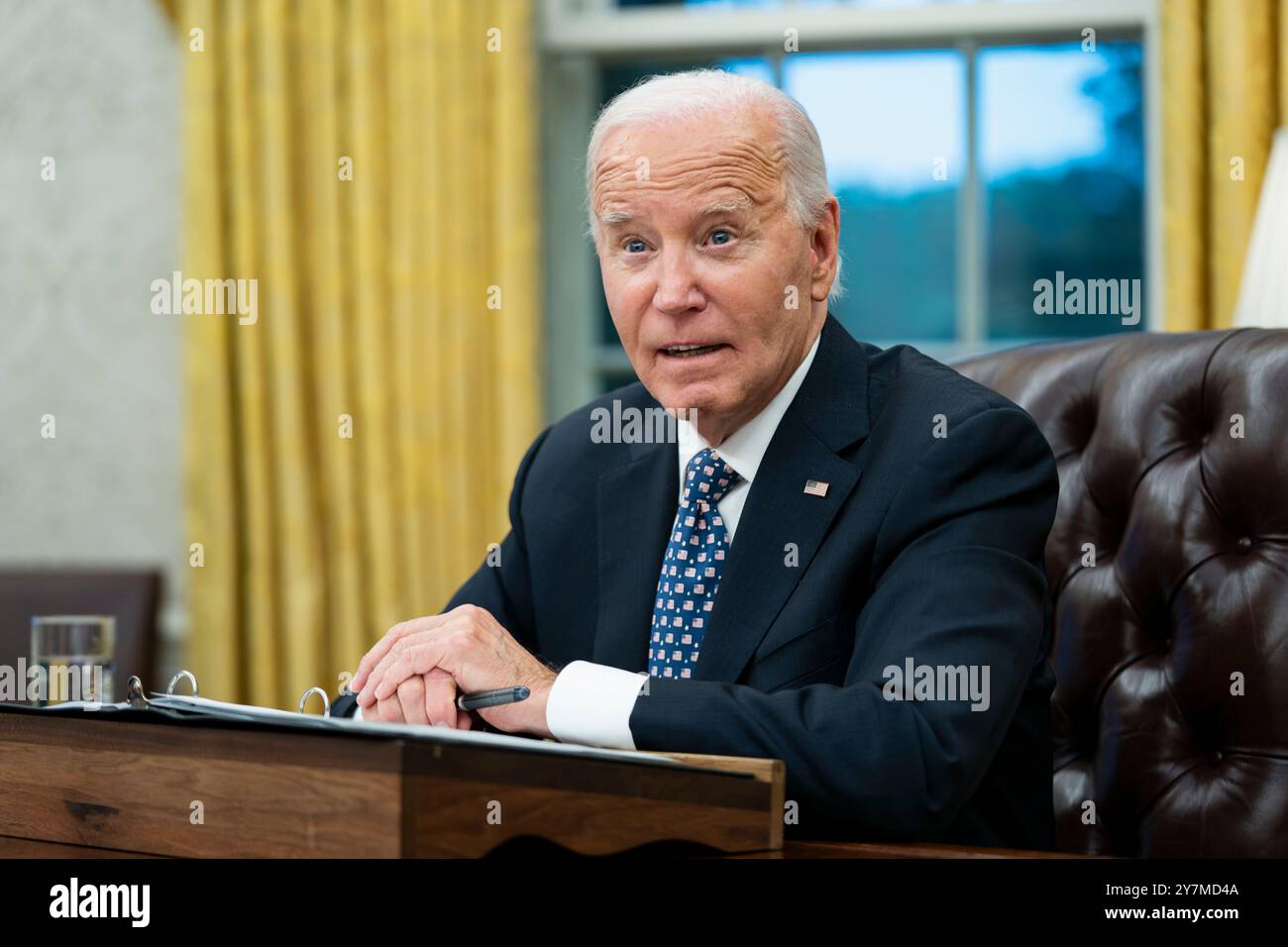 Washington, United States . 30th Sep, 2024. President Joe Biden speaks after a briefing from Governor of North Carolina Roy Cooper and FEMA Administrator Deanne Criswell on the latest operational updates from the impact of Hurricane Helene in the Oval Office at the White House in Washington, DC on Monday, September 30, 2024. Photo by Bonnie Cash/Pool/Sipa USA Credit: Sipa USA/Alamy Live News Stock Photo