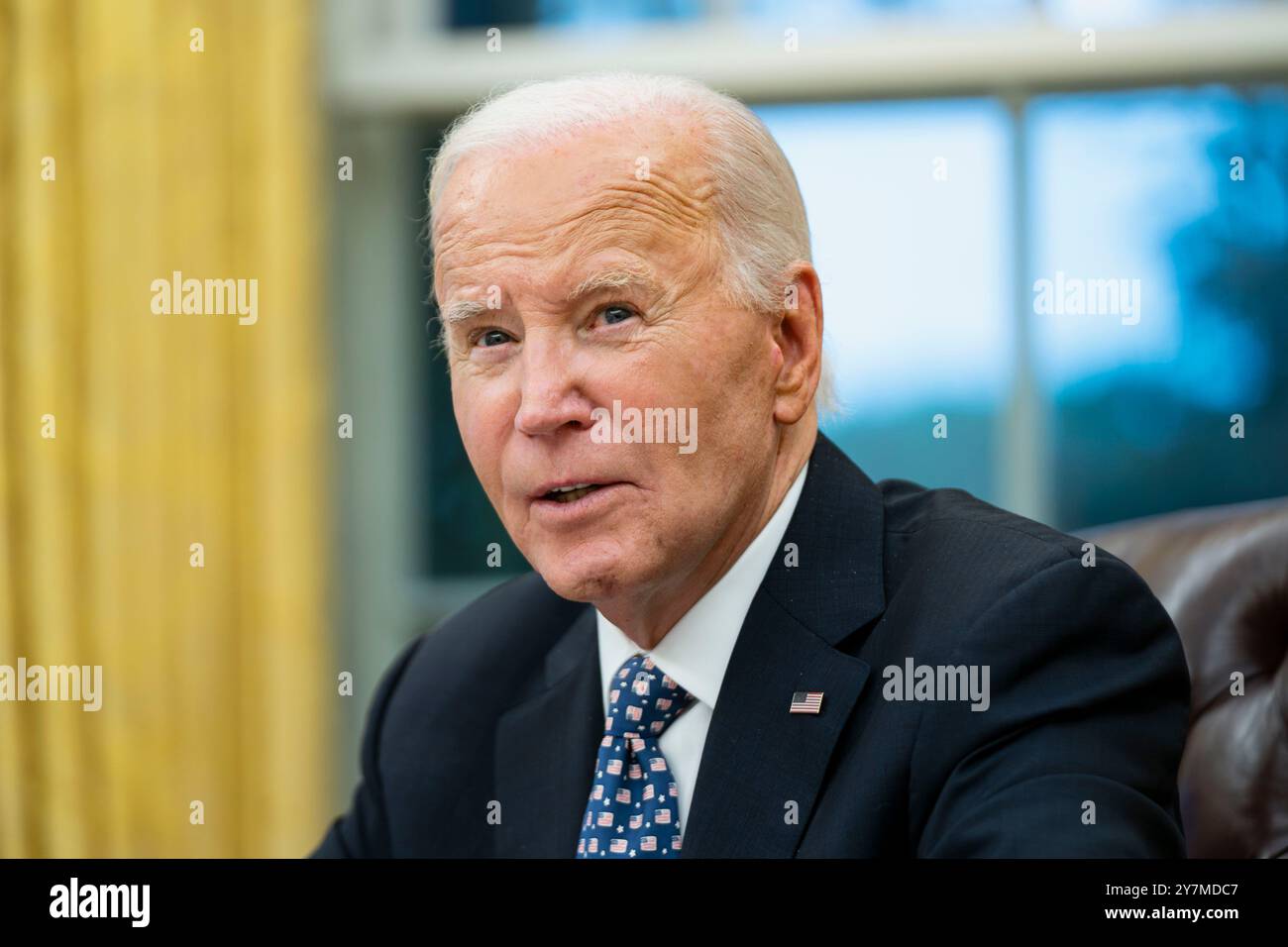 Washington, United States . 30th Sep, 2024. President Joe Biden speaks after a briefing from Governor of North Carolina Roy Cooper and FEMA Administrator Deanne Criswell on the latest operational updates from the impact of Hurricane Helene in the Oval Office at the White House in Washington, DC on Monday, September 30, 2024. Photo by Bonnie Cash/Pool/Sipa USA Credit: Sipa USA/Alamy Live News Stock Photo